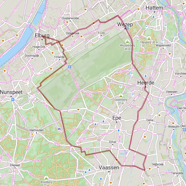 Miniatuurkaart van de fietsinspiratie "Gravelavontuur: Wezep naar Het Verscholen Dorp" in Gelderland, Netherlands. Gemaakt door de Tarmacs.app fietsrouteplanner