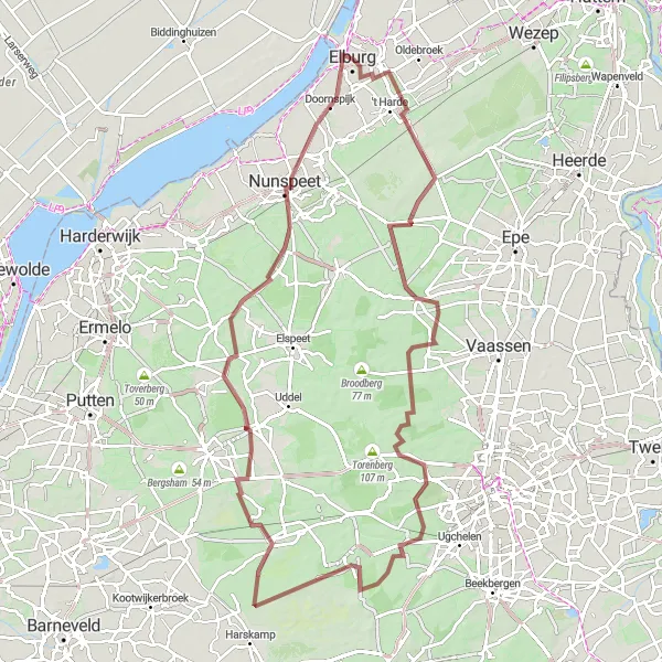 Map miniature of "Gems of Radio Kootwijk" cycling inspiration in Gelderland, Netherlands. Generated by Tarmacs.app cycling route planner