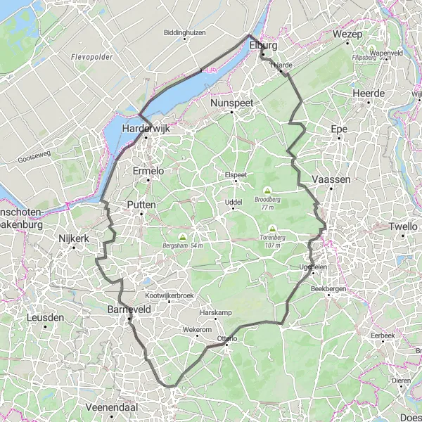 Miniatuurkaart van de fietsinspiratie "Koninklijke Route van Elburg naar Paleis het Loo" in Gelderland, Netherlands. Gemaakt door de Tarmacs.app fietsrouteplanner