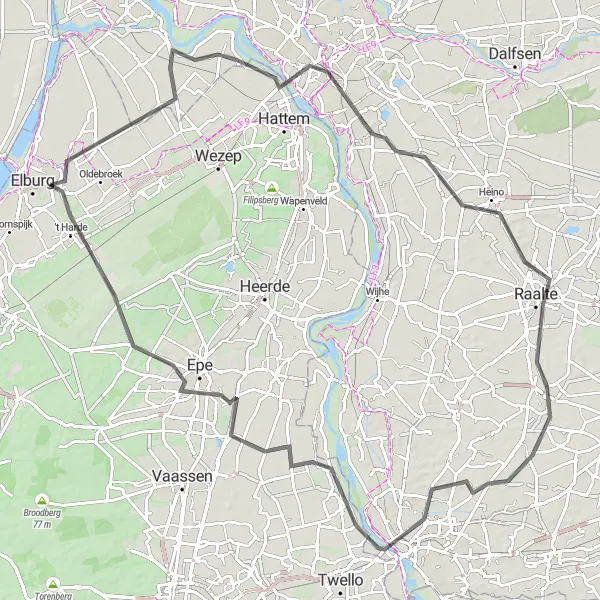 Map miniature of "The Zwolle to Deventer Road Excursion" cycling inspiration in Gelderland, Netherlands. Generated by Tarmacs.app cycling route planner