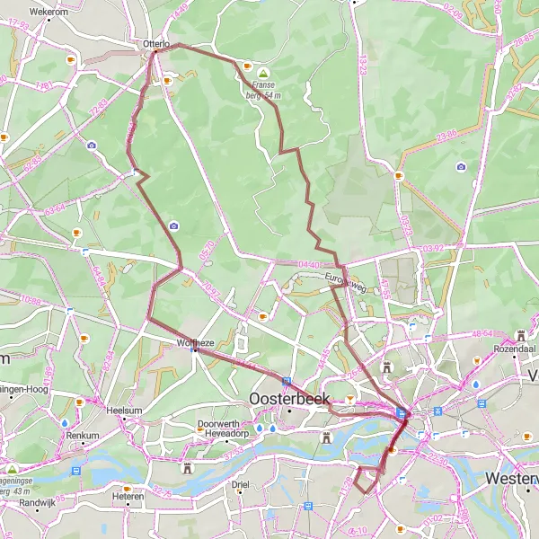 Map miniature of "Elden to Otterlo Gravel Route" cycling inspiration in Gelderland, Netherlands. Generated by Tarmacs.app cycling route planner
