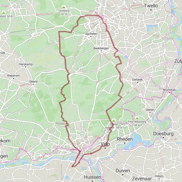 Map miniature of "Elden to Loenense Waterval Gravel Route" cycling inspiration in Gelderland, Netherlands. Generated by Tarmacs.app cycling route planner