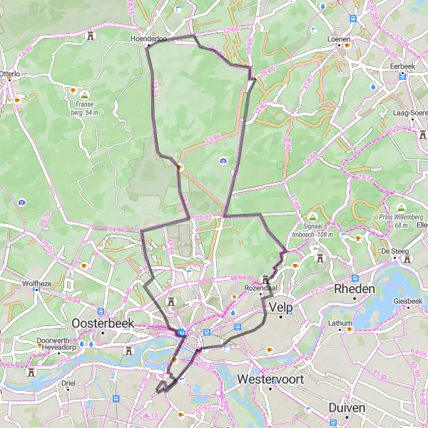 Map miniature of "Elden to Kasteel Rosendael Road Route" cycling inspiration in Gelderland, Netherlands. Generated by Tarmacs.app cycling route planner