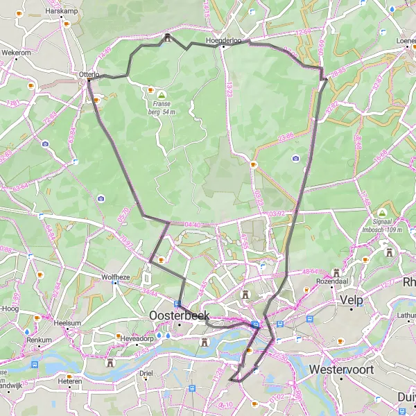 Map miniature of "Elden to Arnhem Road Loop" cycling inspiration in Gelderland, Netherlands. Generated by Tarmacs.app cycling route planner