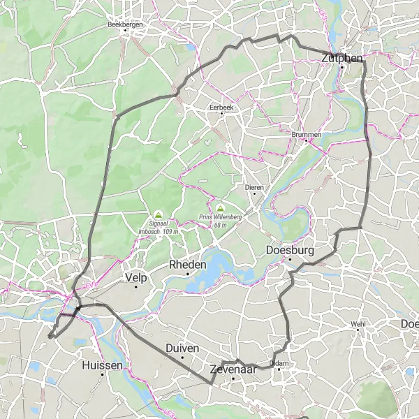 Map miniature of "Elden to Westervoort Road Loop" cycling inspiration in Gelderland, Netherlands. Generated by Tarmacs.app cycling route planner