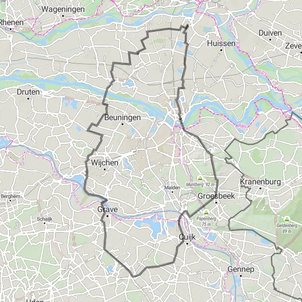 Map miniature of "Elden to Mook Road Loop" cycling inspiration in Gelderland, Netherlands. Generated by Tarmacs.app cycling route planner