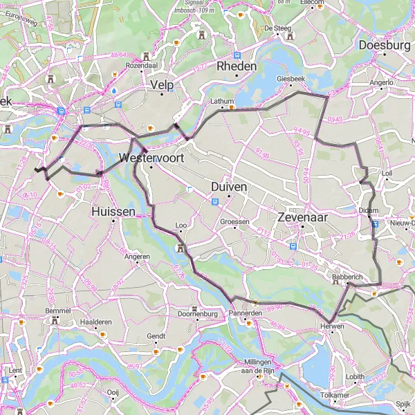 Map miniature of "Elden to Huissen Road Loop" cycling inspiration in Gelderland, Netherlands. Generated by Tarmacs.app cycling route planner