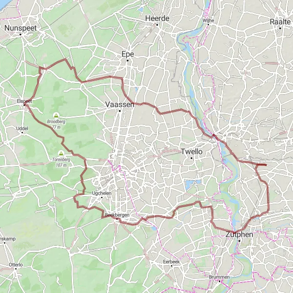 Miniatuurkaart van de fietsinspiratie "Avontuurlijke fietstocht door de Veluwe" in Gelderland, Netherlands. Gemaakt door de Tarmacs.app fietsrouteplanner