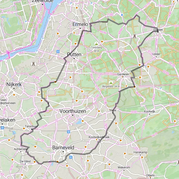 Miniatuurkaart van de fietsinspiratie "Veluwe Zoom Road Cycling Route" in Gelderland, Netherlands. Gemaakt door de Tarmacs.app fietsrouteplanner