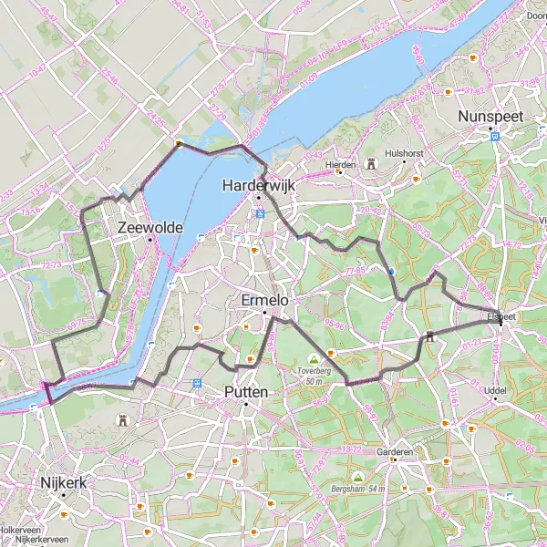 Map miniature of "Elspeet to Harderwijk Round-Trip" cycling inspiration in Gelderland, Netherlands. Generated by Tarmacs.app cycling route planner