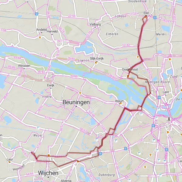 Miniatuurkaart van de fietsinspiratie "Grindpaden rond Weurt en Oosterhout" in Gelderland, Netherlands. Gemaakt door de Tarmacs.app fietsrouteplanner