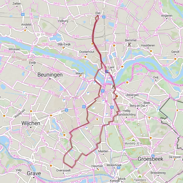 Miniatuurkaart van de fietsinspiratie "Gravelroute door de Betuwe" in Gelderland, Netherlands. Gemaakt door de Tarmacs.app fietsrouteplanner