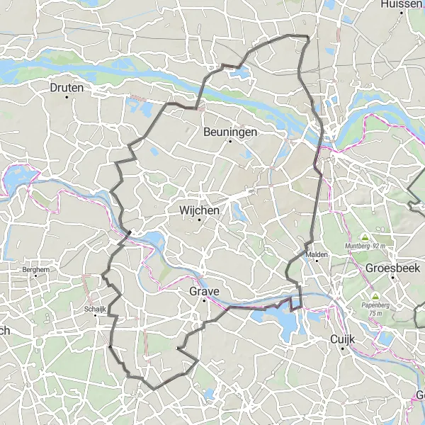 Miniatuurkaart van de fietsinspiratie "Roadtrip door het Land van Maas en Waal" in Gelderland, Netherlands. Gemaakt door de Tarmacs.app fietsrouteplanner