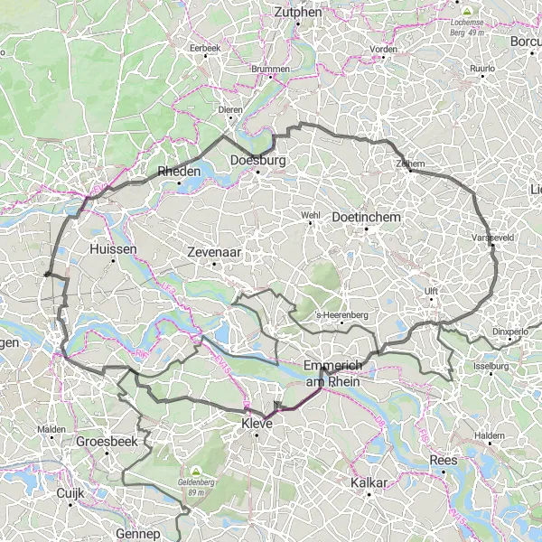 Map miniature of "Velp and the Fabled Carolinaberg" cycling inspiration in Gelderland, Netherlands. Generated by Tarmacs.app cycling route planner