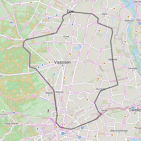 Map miniature of "Road Cycling to Teuge and Wiesel" cycling inspiration in Gelderland, Netherlands. Generated by Tarmacs.app cycling route planner