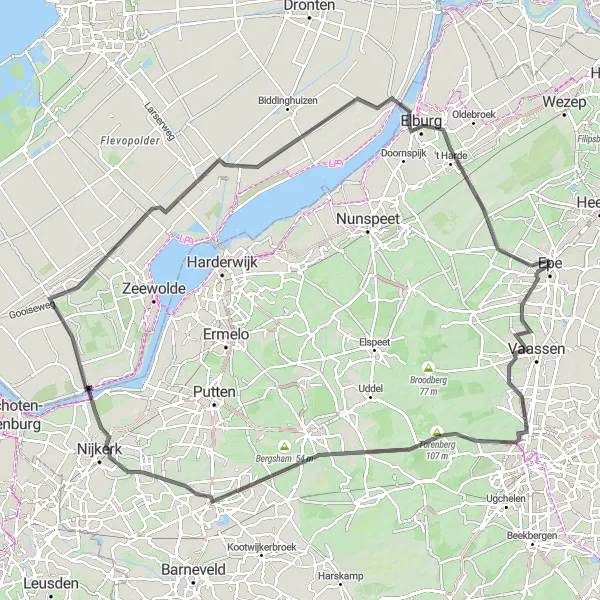 Miniatuurkaart van de fietsinspiratie "Koninklijke Veluwe Route" in Gelderland, Netherlands. Gemaakt door de Tarmacs.app fietsrouteplanner