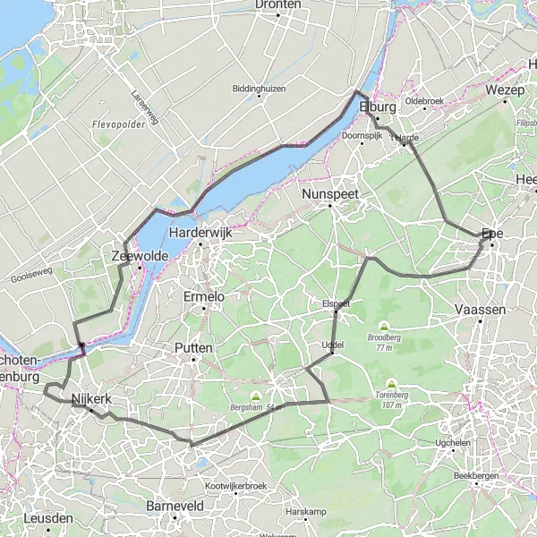 Miniatuurkaart van de fietsinspiratie "Veluwe en Randmeren Expeditie" in Gelderland, Netherlands. Gemaakt door de Tarmacs.app fietsrouteplanner