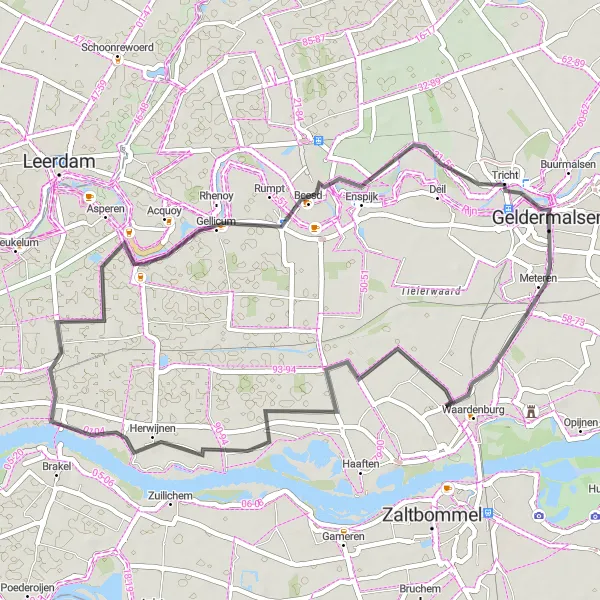 Miniatuurkaart van de fietsinspiratie "Mooie Fietsroute langs Meteren en Geldermalsen" in Gelderland, Netherlands. Gemaakt door de Tarmacs.app fietsrouteplanner