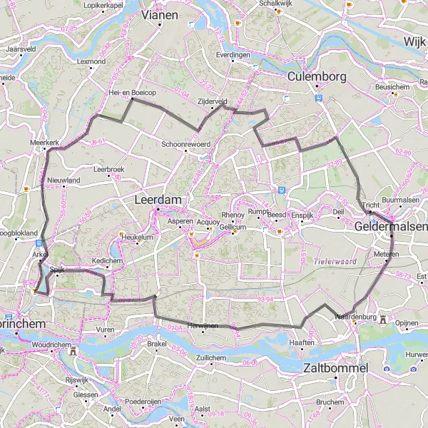 Map miniature of "The Geldermalsen Loop" cycling inspiration in Gelderland, Netherlands. Generated by Tarmacs.app cycling route planner