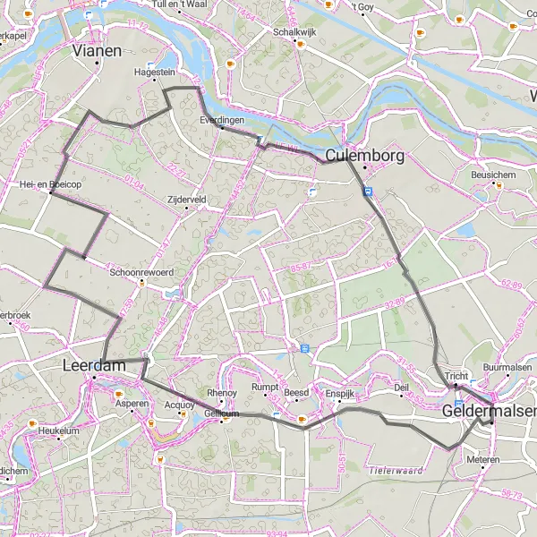 Miniatuurkaart van de fietsinspiratie "Rondje Gellicum - Hoogeind - Everdingen" in Gelderland, Netherlands. Gemaakt door de Tarmacs.app fietsrouteplanner