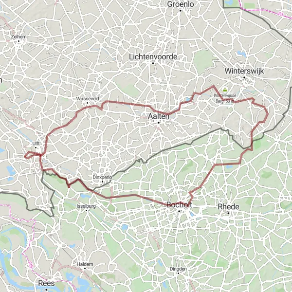 Miniatuurkaart van de fietsinspiratie "Ontdekkingstocht langs de grens van Gelderland" in Gelderland, Netherlands. Gemaakt door de Tarmacs.app fietsrouteplanner