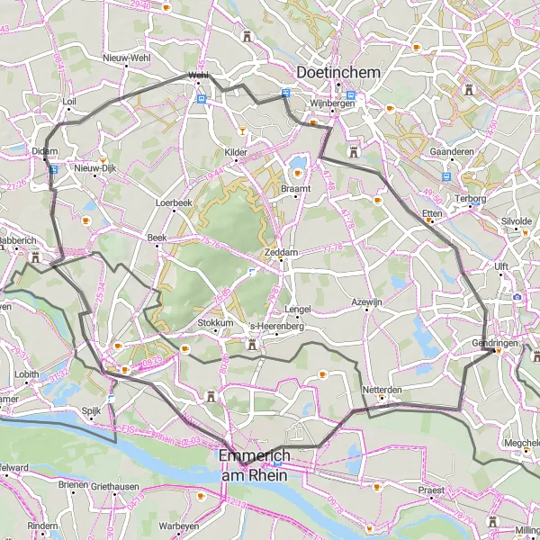 Miniatuurkaart van de fietsinspiratie "Fietsen door de Rijn en IJssel regio" in Gelderland, Netherlands. Gemaakt door de Tarmacs.app fietsrouteplanner