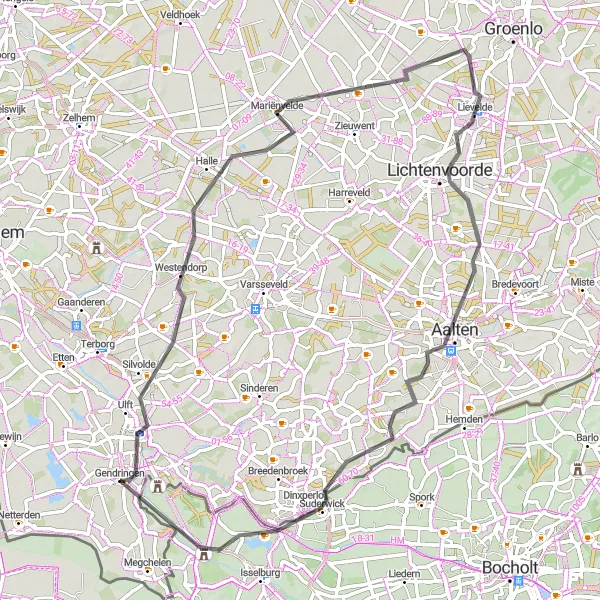 Miniatuurkaart van de fietsinspiratie "Wegenroute naar Dinxperlo" in Gelderland, Netherlands. Gemaakt door de Tarmacs.app fietsrouteplanner