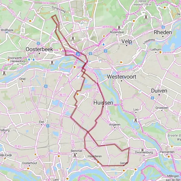 Miniatuurkaart van de fietsinspiratie "Gravelroute langs de Rijn" in Gelderland, Netherlands. Gemaakt door de Tarmacs.app fietsrouteplanner