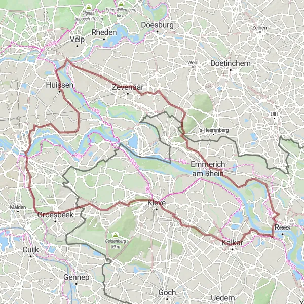 Miniatuurkaart van de fietsinspiratie "Gravelroute naar Duitsland" in Gelderland, Netherlands. Gemaakt door de Tarmacs.app fietsrouteplanner