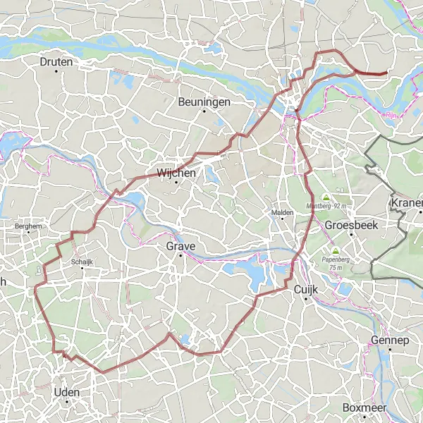 Miniatuurkaart van de fietsinspiratie "Gravelroute naar Wijchen" in Gelderland, Netherlands. Gemaakt door de Tarmacs.app fietsrouteplanner