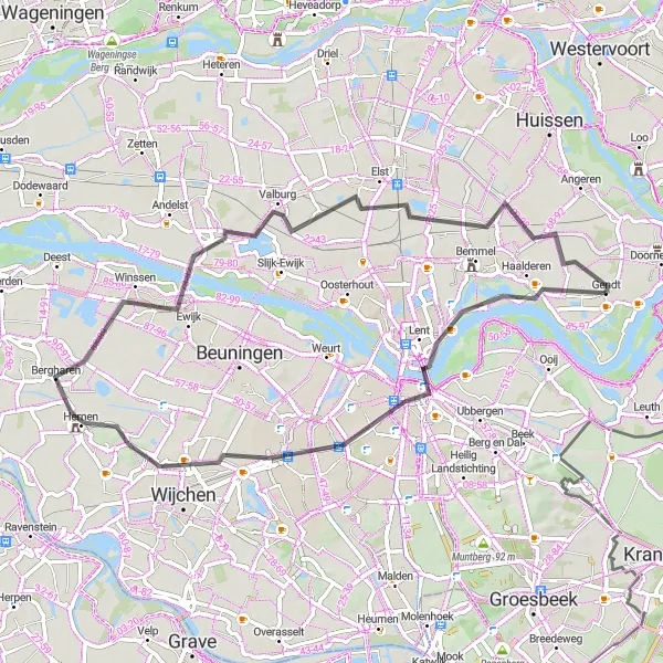 Miniatuurkaart van de fietsinspiratie "Groene Tour rond Nijmegen" in Gelderland, Netherlands. Gemaakt door de Tarmacs.app fietsrouteplanner