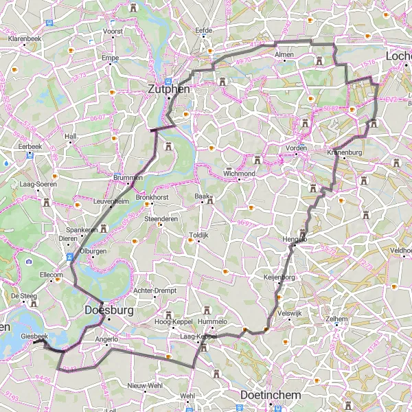 Map miniature of "Giesbeek - Bingerden - Cortenoever - Warnsveld - De Wildenborch - Hengelo - Wrangebult - Giesbeek Road Cycling Route" cycling inspiration in Gelderland, Netherlands. Generated by Tarmacs.app cycling route planner