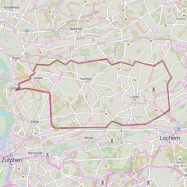 Map miniature of "Joppe and Almen Gravel Route" cycling inspiration in Gelderland, Netherlands. Generated by Tarmacs.app cycling route planner