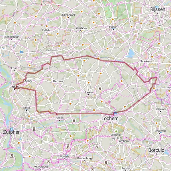 Miniatuurkaart van de fietsinspiratie "Fietsroute Joppe - Almen" in Gelderland, Netherlands. Gemaakt door de Tarmacs.app fietsrouteplanner