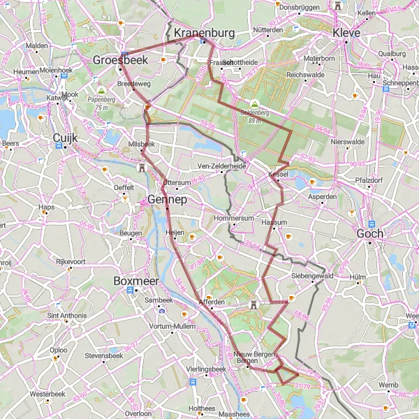 Map miniature of "Adventurous Gravel Excursion: De Horst and Gennep" cycling inspiration in Gelderland, Netherlands. Generated by Tarmacs.app cycling route planner
