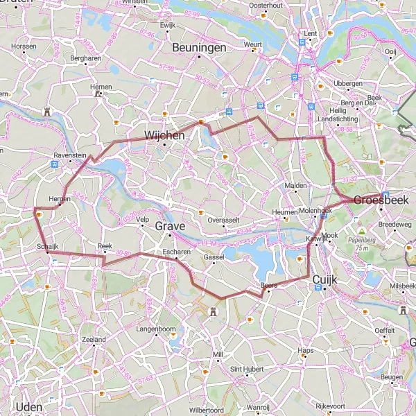 Miniatuurkaart van de fietsinspiratie "Gravelroute Groesbeek - Colonjes" in Gelderland, Netherlands. Gemaakt door de Tarmacs.app fietsrouteplanner