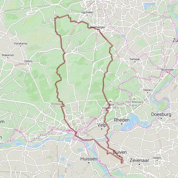 Map miniature of "Gravel around Groessen" cycling inspiration in Gelderland, Netherlands. Generated by Tarmacs.app cycling route planner