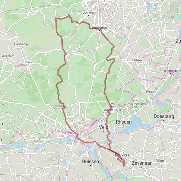 Map miniature of "Challenging Gravel Route to Duiven" cycling inspiration in Gelderland, Netherlands. Generated by Tarmacs.app cycling route planner