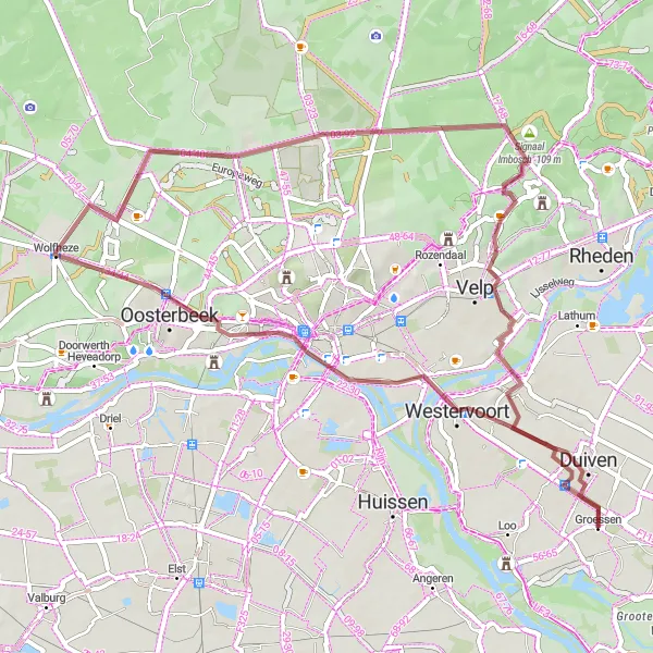 Map miniature of "Groessen to Kasteel Biljoen Gravel Route" cycling inspiration in Gelderland, Netherlands. Generated by Tarmacs.app cycling route planner