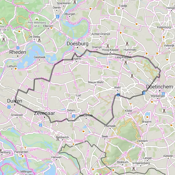 Map miniature of "Duiven to Zevenaar Road Cycling Route" cycling inspiration in Gelderland, Netherlands. Generated by Tarmacs.app cycling route planner