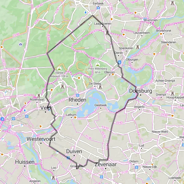 Map miniature of "Groessen to Helhoek Road Cycling Route" cycling inspiration in Gelderland, Netherlands. Generated by Tarmacs.app cycling route planner