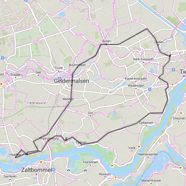 Miniatuurkaart van de fietsinspiratie "Road Route rond Haaften en Waardenburg" in Gelderland, Netherlands. Gemaakt door de Tarmacs.app fietsrouteplanner