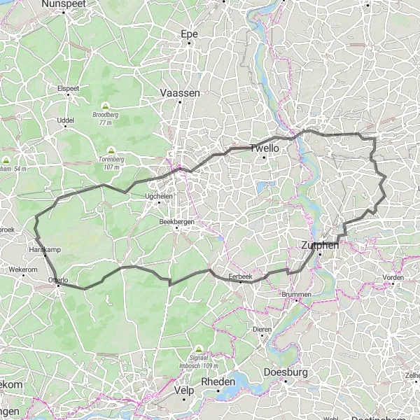 Miniatuurkaart van de fietsinspiratie "Wegroute door Gelderland" in Gelderland, Netherlands. Gemaakt door de Tarmacs.app fietsrouteplanner