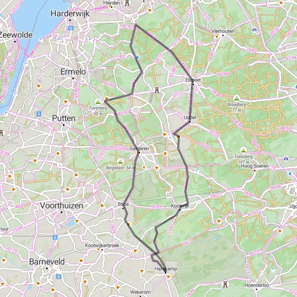 Miniatuurkaart van de fietsinspiratie "Avontuurlijke fietstocht naar Garderen en Kootwijk" in Gelderland, Netherlands. Gemaakt door de Tarmacs.app fietsrouteplanner