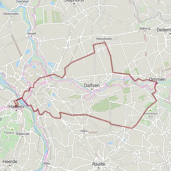 Miniatuurkaart van de fietsinspiratie "Avontuurlijk gravel fietsen vanuit Hattem naar Giethmen" in Gelderland, Netherlands. Gemaakt door de Tarmacs.app fietsrouteplanner