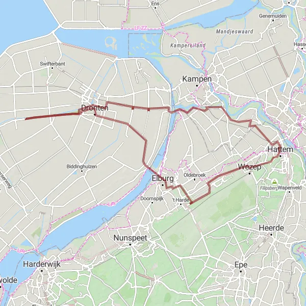Miniatuurkaart van de fietsinspiratie "'t Loo naar Dronten: Offroad avontuur vanuit Hattem" in Gelderland, Netherlands. Gemaakt door de Tarmacs.app fietsrouteplanner