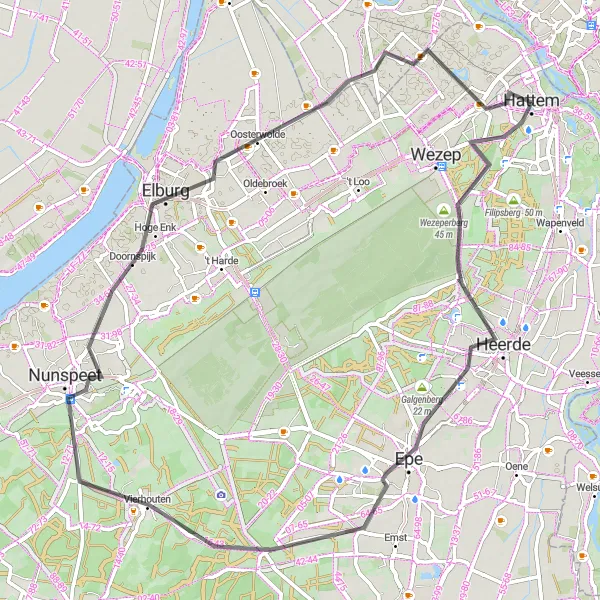 Miniatuurkaart van de fietsinspiratie "Wegroute naar Epe vanuit Hattem" in Gelderland, Netherlands. Gemaakt door de Tarmacs.app fietsrouteplanner
