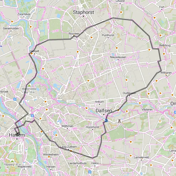 Map miniature of "The Hattem Road Adventure" cycling inspiration in Gelderland, Netherlands. Generated by Tarmacs.app cycling route planner