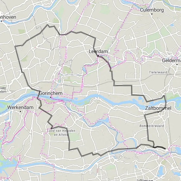 Map miniature of "The Waterland Route" cycling inspiration in Gelderland, Netherlands. Generated by Tarmacs.app cycling route planner