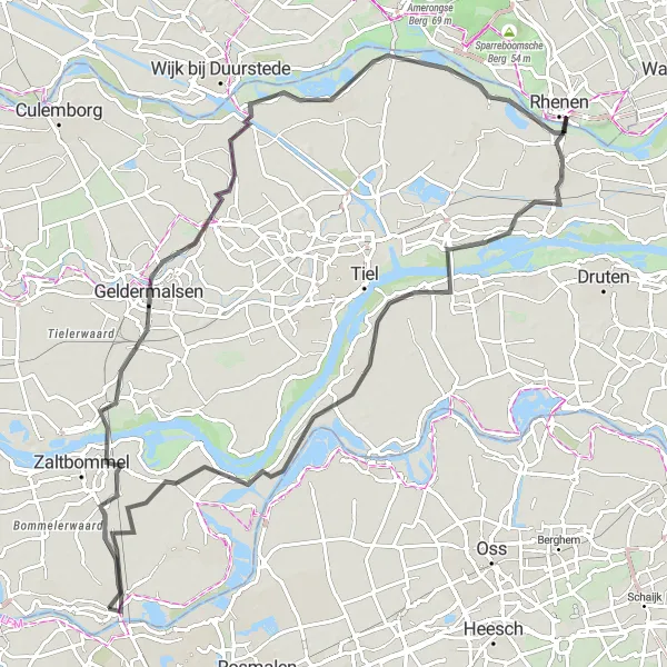 Map miniature of "Riverside Journey" cycling inspiration in Gelderland, Netherlands. Generated by Tarmacs.app cycling route planner